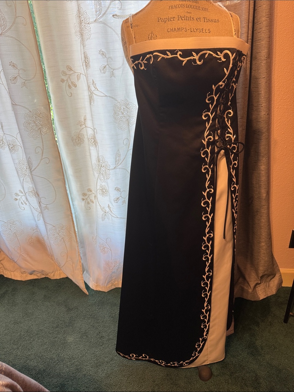 Black and White Strapless Evening Gown with Embroidered Trim